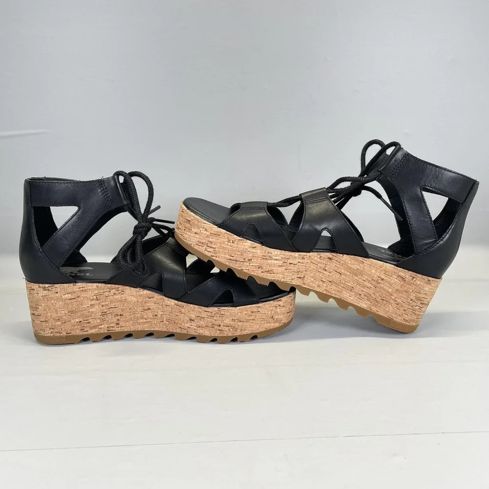 Sorel Cameron Flatform Wedge Sandals Womens Size 9.5 Black Leather Strappy Shoes